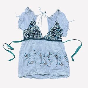 Vintage Free People Embroidered Flowy Floral Baby Doll Bohemian Top White Sz 12
